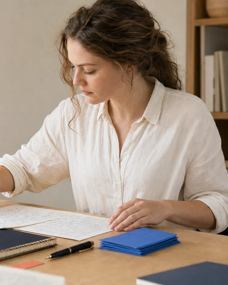 Adult student arranging notes and blue study cards at a warm desk