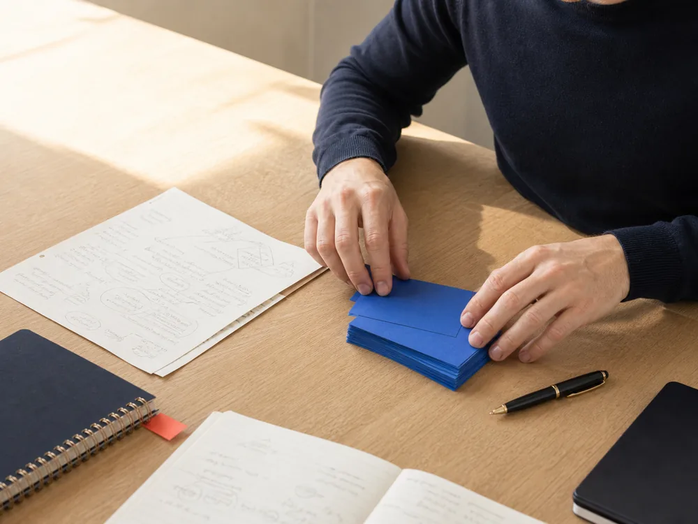 Hands organizing rough notes into blue recall cards on a wooden desk