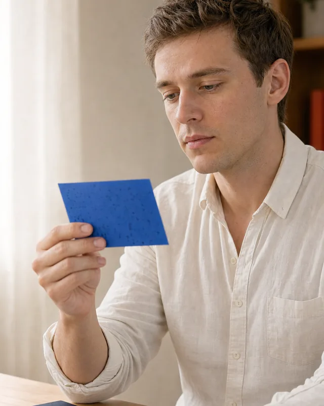 Student pausing to recall an answer from a blue study card